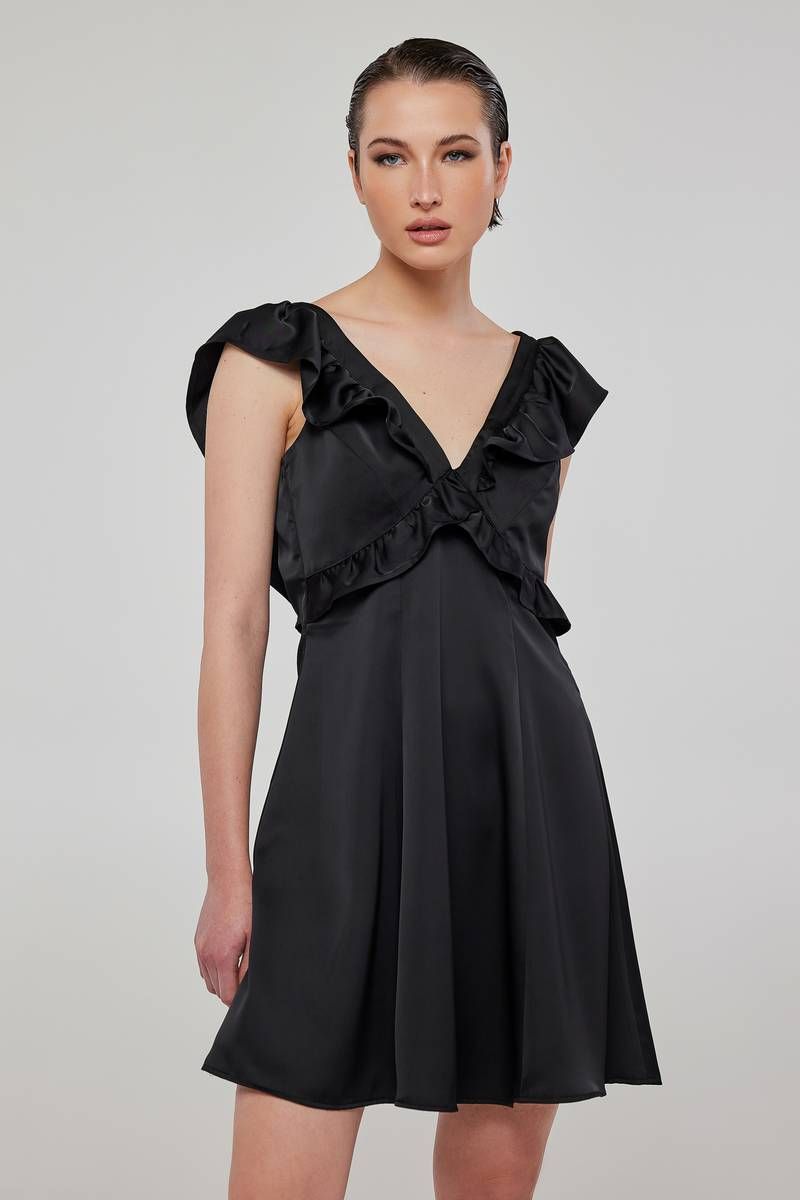 “V”-cut satin mini black dress ARIELLA    