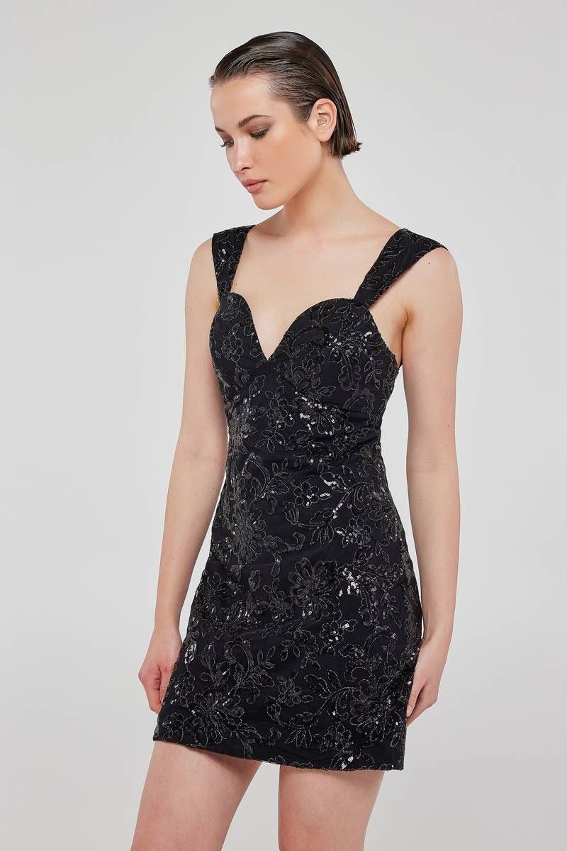 Black floral-sequined mini dress SWARGA 