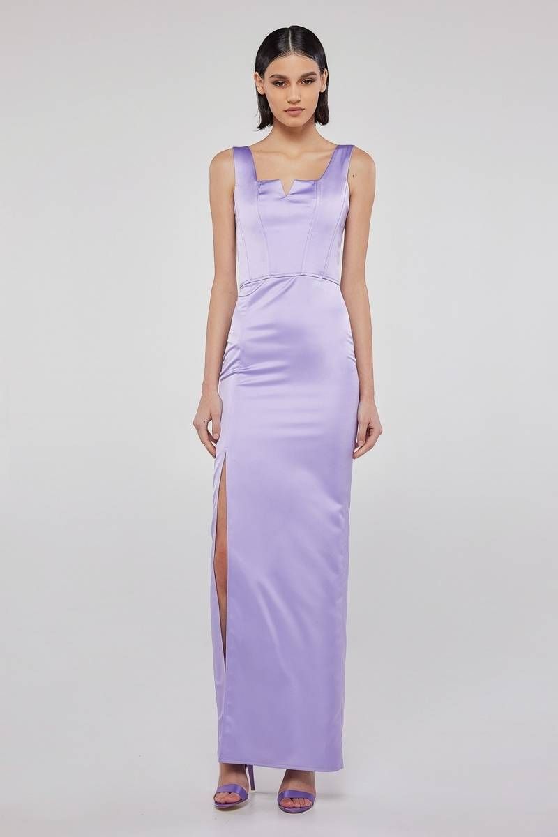 Τhigh-high split satin lilac maxi dress KINSLEY