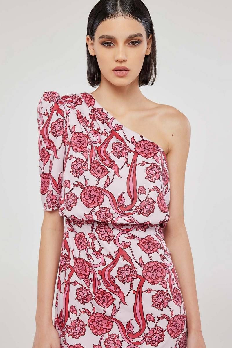 One shoulder midi dress in fuchsia floral TRUST