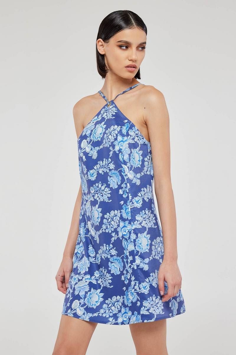 Halter neck mini dress in blue floral OTTILIA