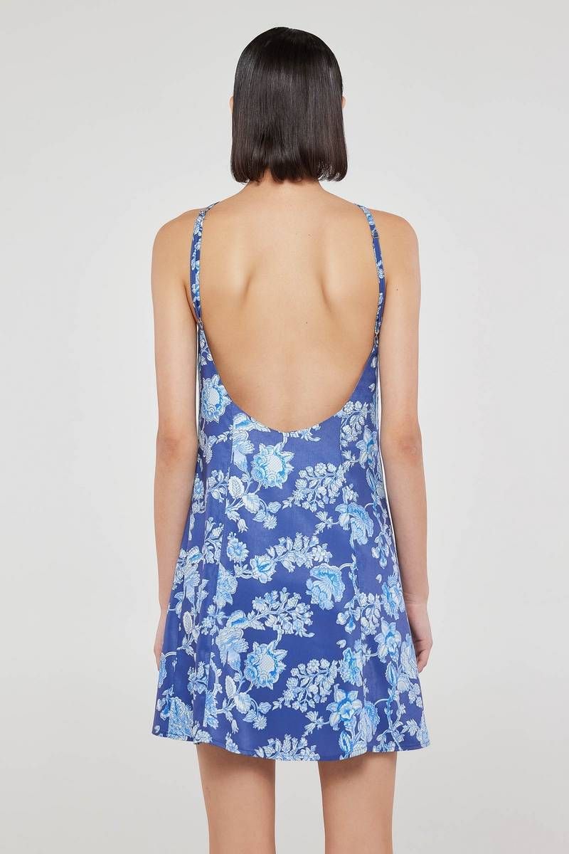 Halter neck mini dress in blue floral OTTILIA