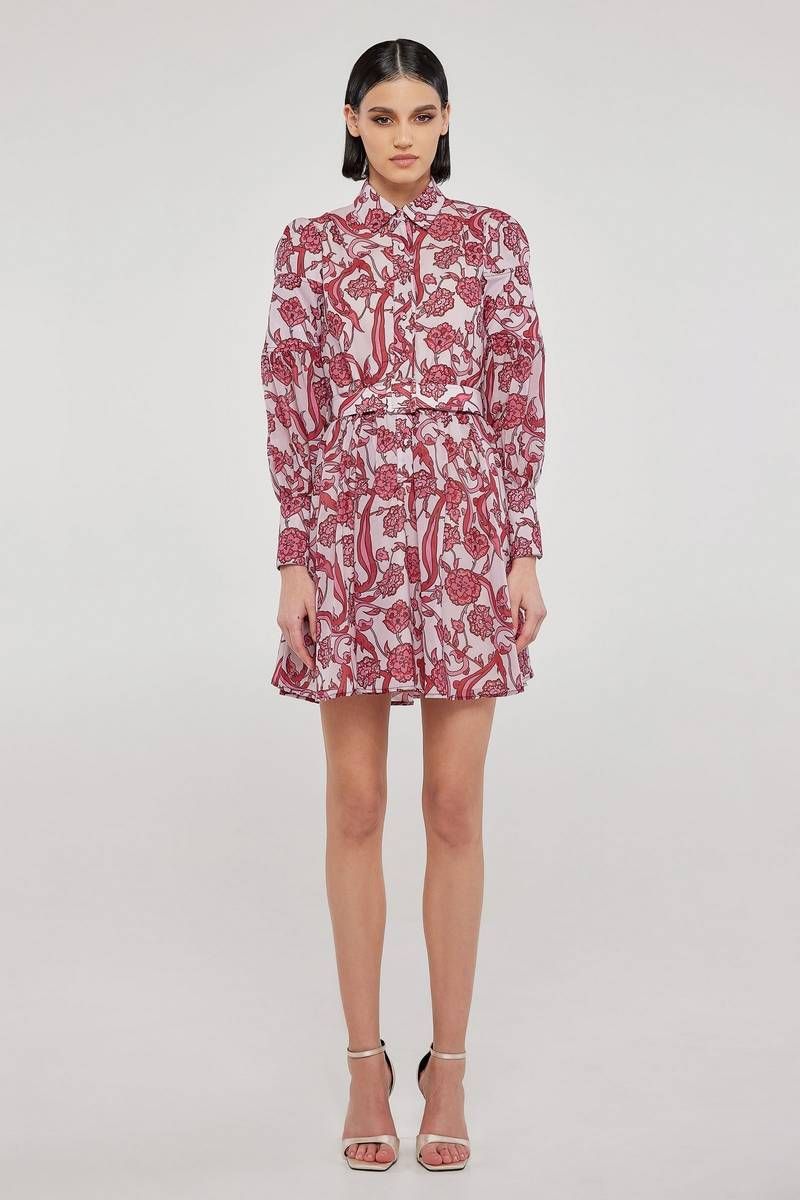 Belted mini shirt dress in fuchsia floral print BAILEY 