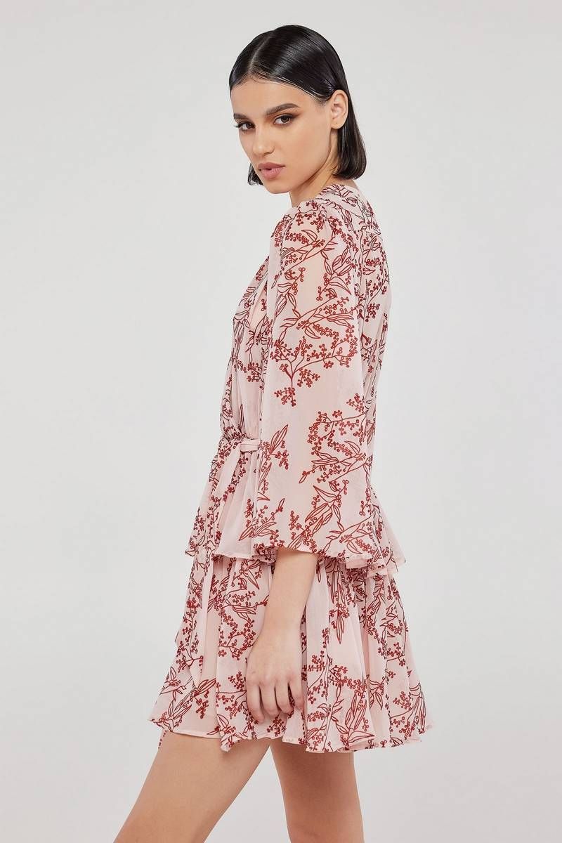 Tiered mini wrapdress in pink-red floral print INDIRA 