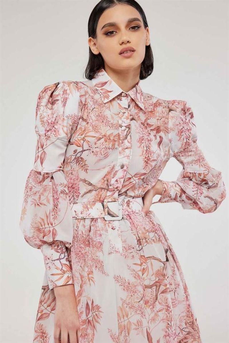 Belted mini shirt dress in pink floral print BAILEY 