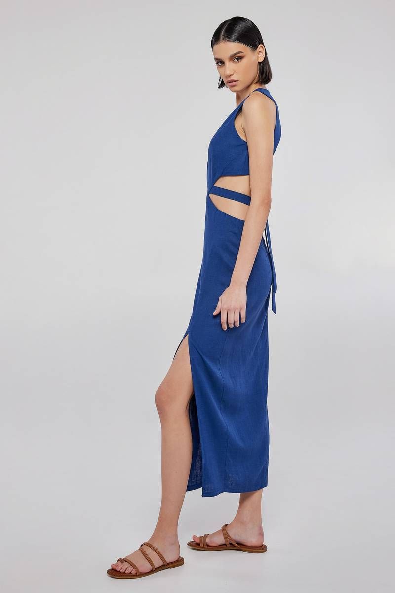 Midi linen backless blue dress CATALEYA 