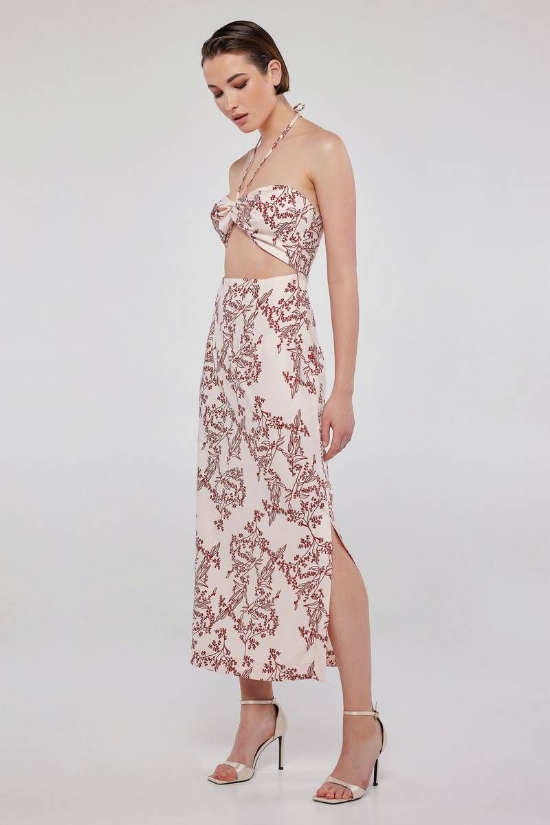 Tie-halter cut out midi dress in pink floral BLAKE