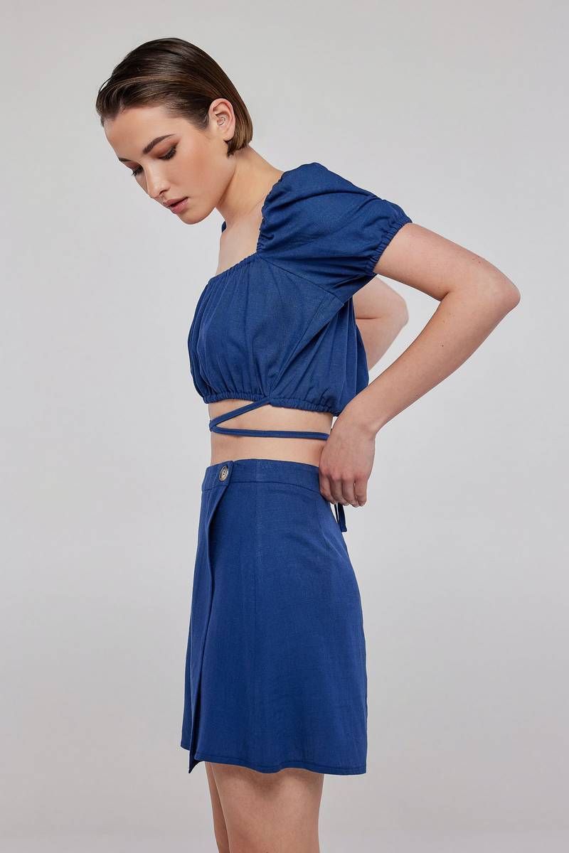 Mini linen wrap skirt in blue JOSELYN 