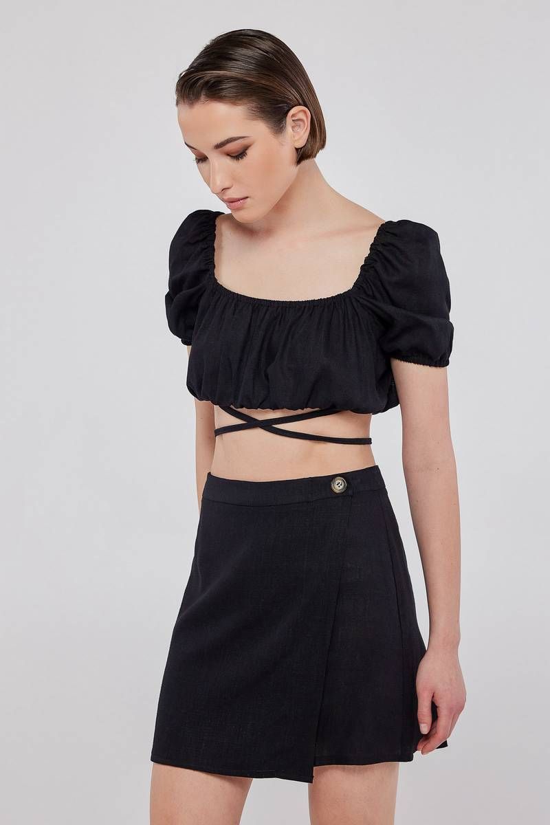 Ruched linen crop top in black LENNON  