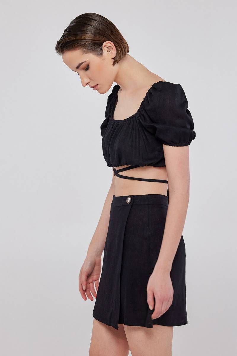 Mini linen wrap skirt in black JOSELYN 