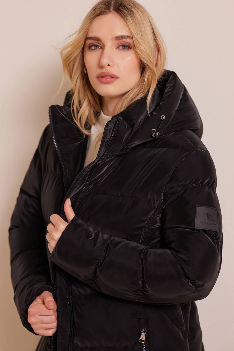 Hooded puffer black long jacket KALLIA 
