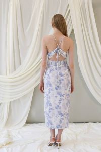 Linen midi ciel-printed dress with straps PREMIER