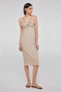 Ruched-”V” neck linen beige knee-length dress GRANDIS 