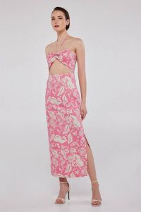 Tie-halter cut out midi dress in fuchsia floral BLAKE