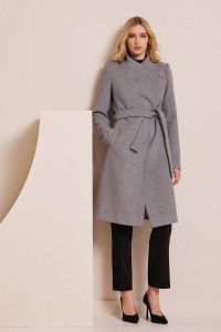Belted wool-blend grey wrap coat MONIKA