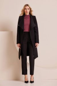 Belted wool-blend black wrap coat MONIKA