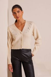 Rhinestone short knitted vanilla cardigan KLELIA