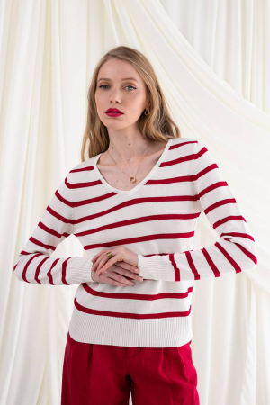 Striped ecru-red knitted blouse JUNIPER