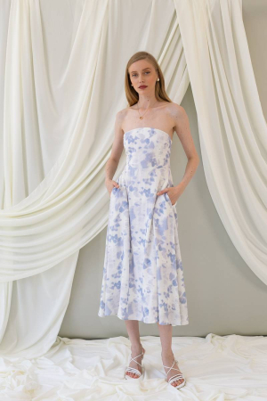 Linen midi ciel-printed dress OLLIE