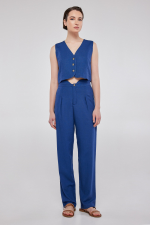 “V”-cut linen trousers in blue RACHEL