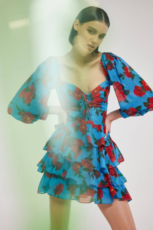 Tiered mini dress in blue floral print MAXINE 
