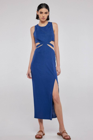 Midi linen backless blue dress CATALEYA 
