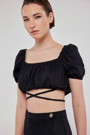 Ruched linen crop top in black LENNON  