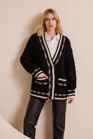 Cable knit buttoned black cardigan BRYNN
