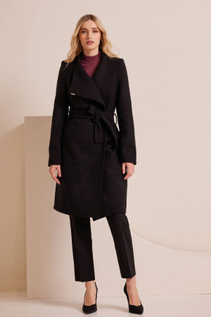 Belted wool-blend black wrap coat MONIKA
