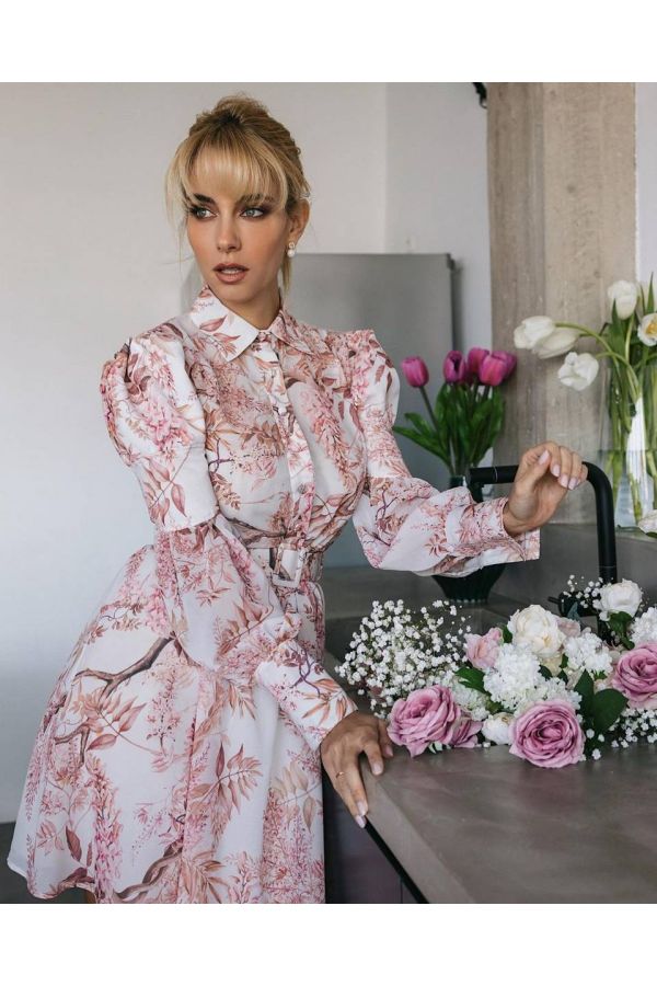 Belted mini shirt dress in pink floral print BAILEY 