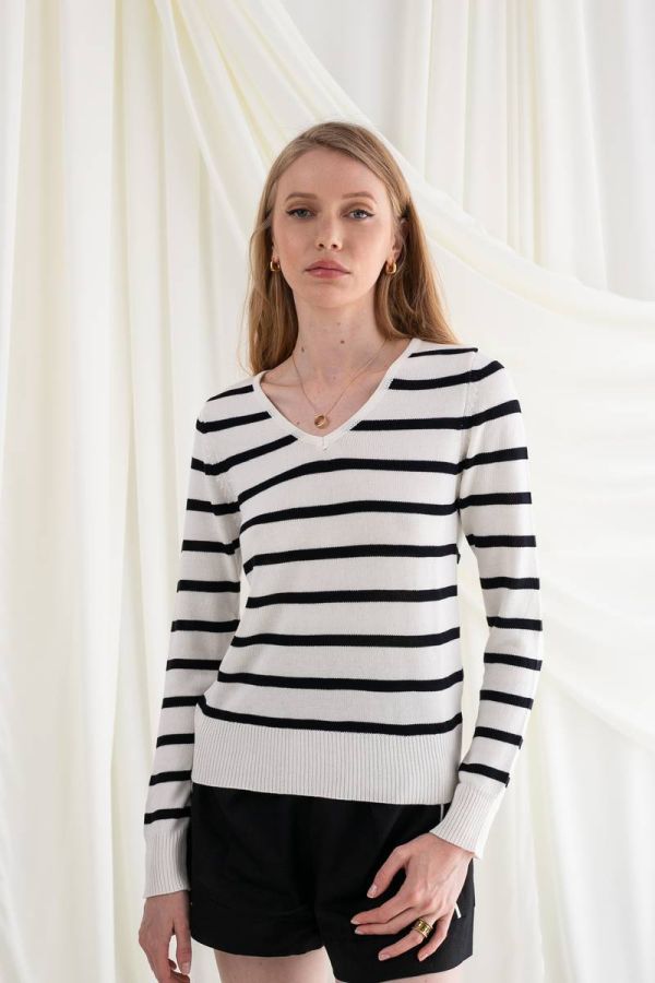 Striped ecru -black knitted blouse JUNIPER