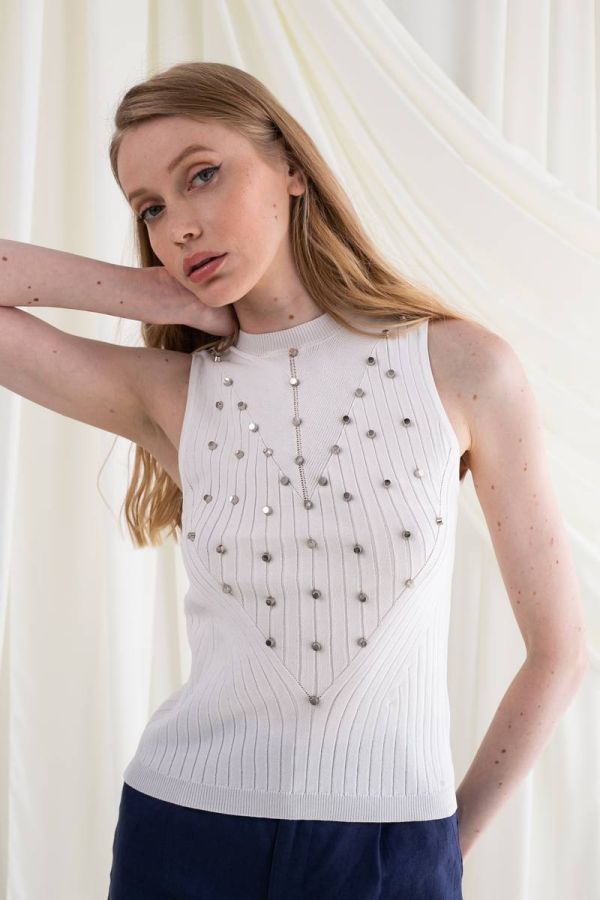 Knitted studded ecru top TEMPLE