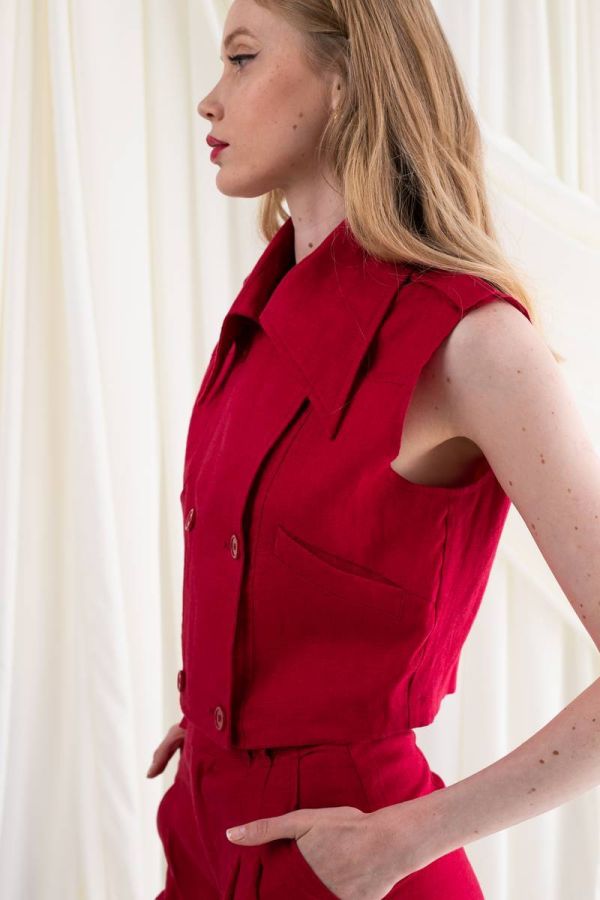 Linen red crop vest with lapel collar ANYA