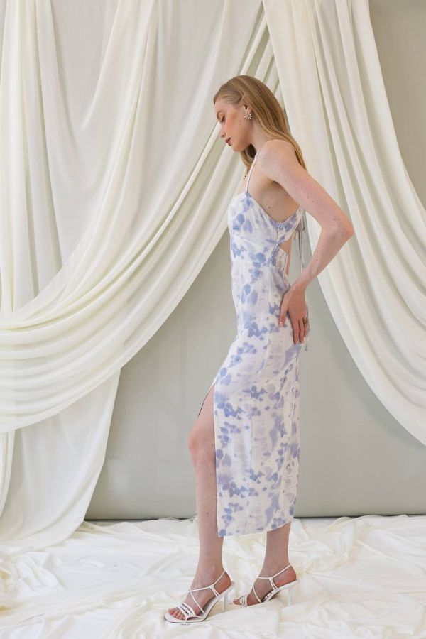 Linen midi ciel-printed dress with straps PREMIER