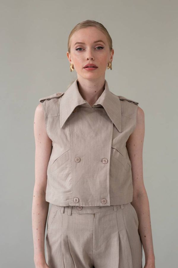 Linen beige crop vest with lapel collar ANYA