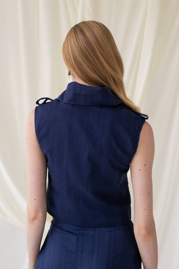 Linen blue crop vest with lapel collar ANYA