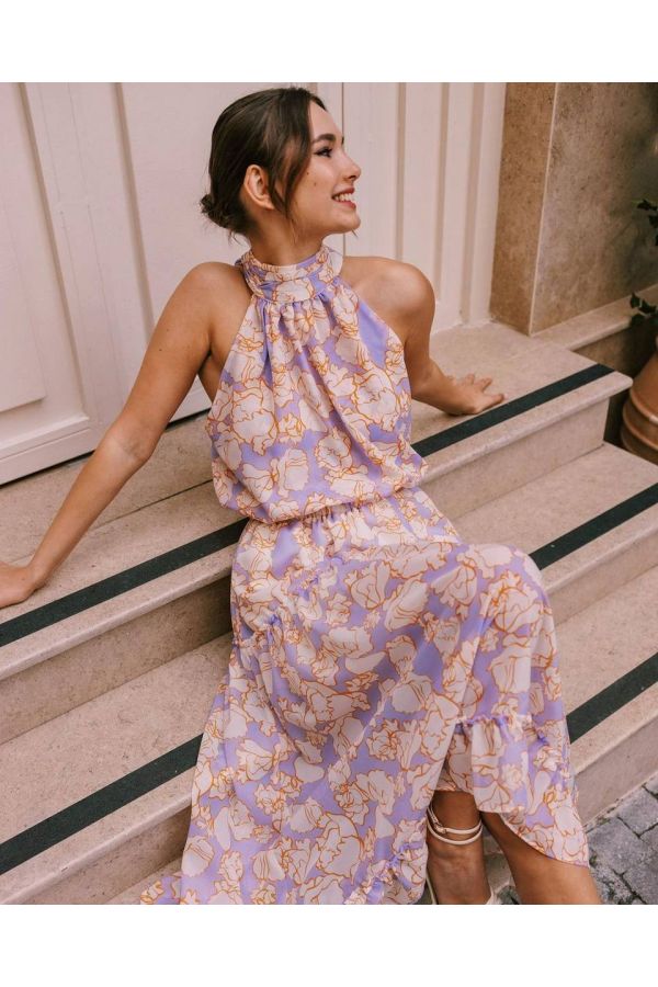 Halter neck midi dress in lilac floral MARIE 