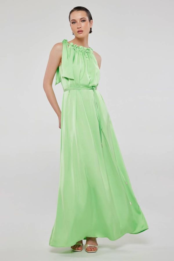 Tie-neck ruched satin maxi dress in lime OLENA
