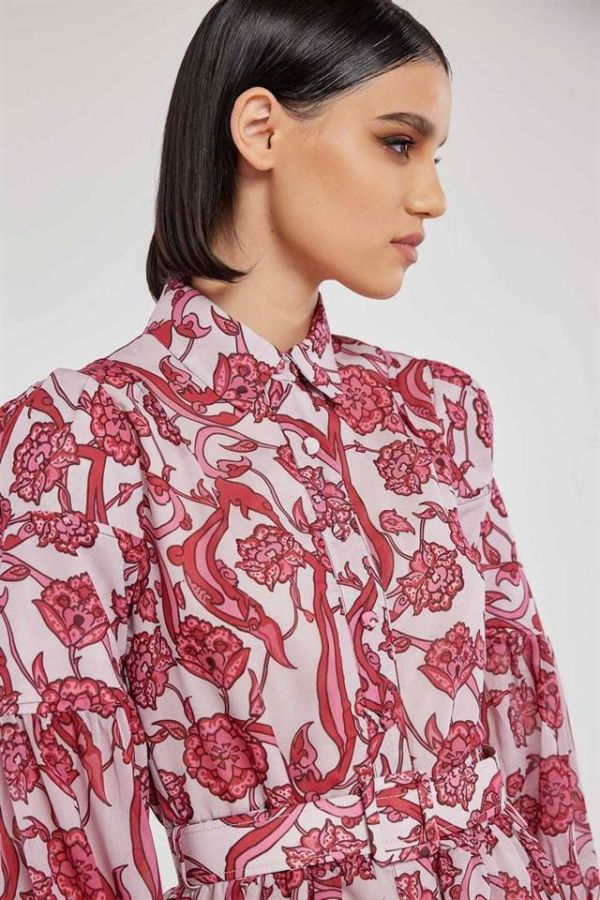 Belted mini shirt dress in fuchsia floral print BAILEY 