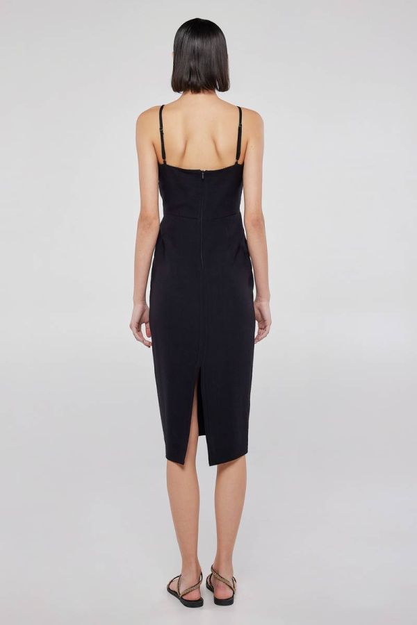 Ruched-”V” neck linen black knee-length dress GRANDIS 