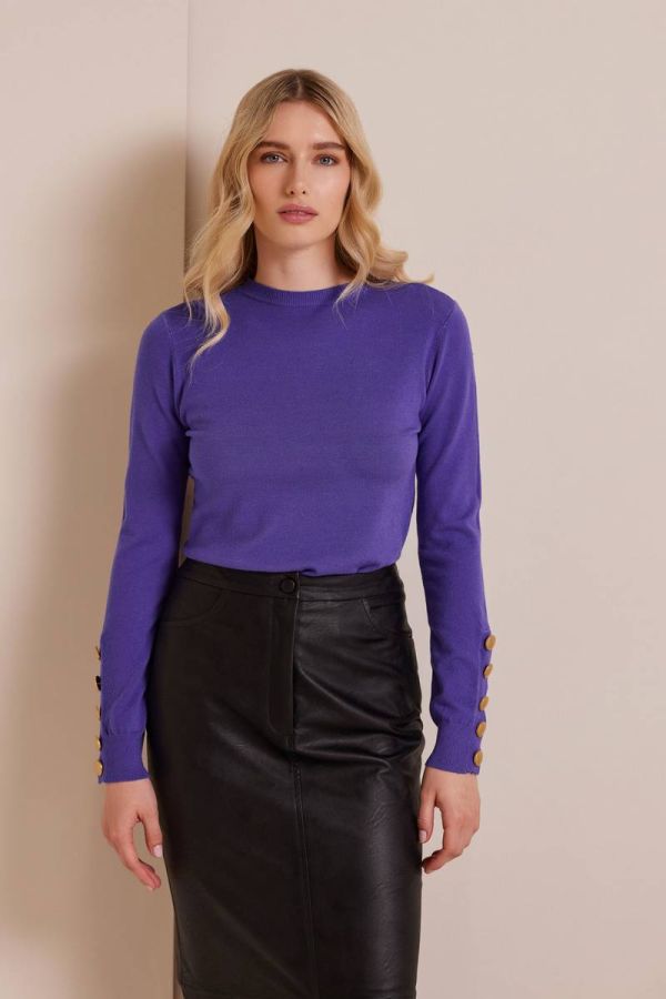 Gold button embellished purple knit top LEVI   