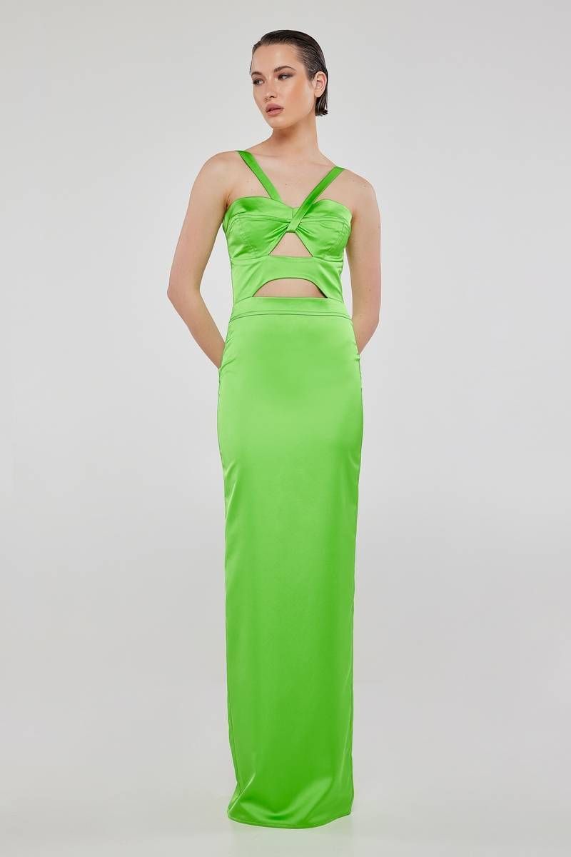 Βραδινό σατέν πράσινο μάξι φόρεμα με ανοίγματα VINE