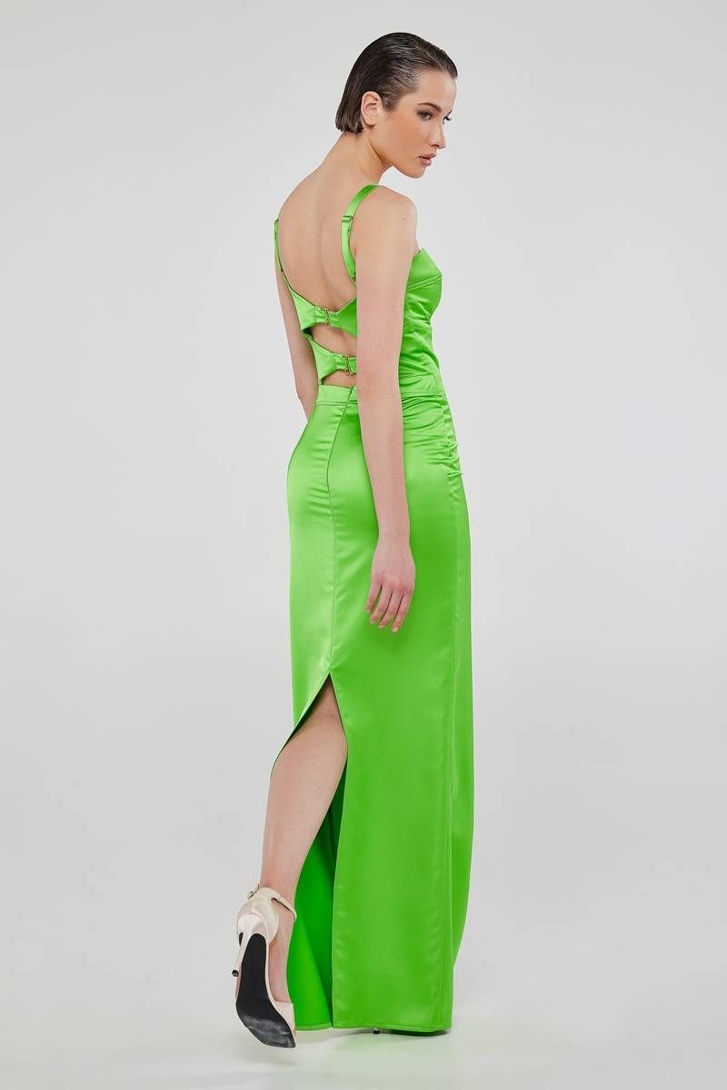 Βραδινό σατέν πράσινο μάξι φόρεμα με ανοίγματα VINE