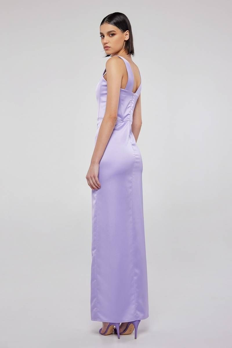 Σατέν λιλά εφαρμοστό μάξι φόρεμα KINSLEY 