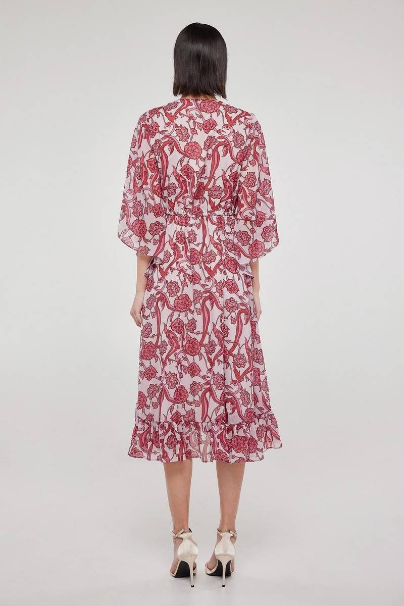 Ασύμμετρο φλοράλ φούξια μίντι φόρεμα με βολάν ALBA