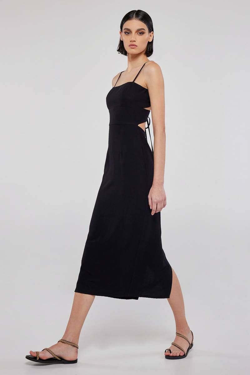 Μίντι μαύρο φόρεμα λινό με δέσιμο στην πλάτη BLAIR  