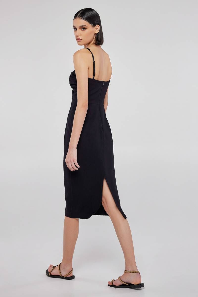 Μίντι μαύρο φόρεμα λινό με σούρα GRANDIS  