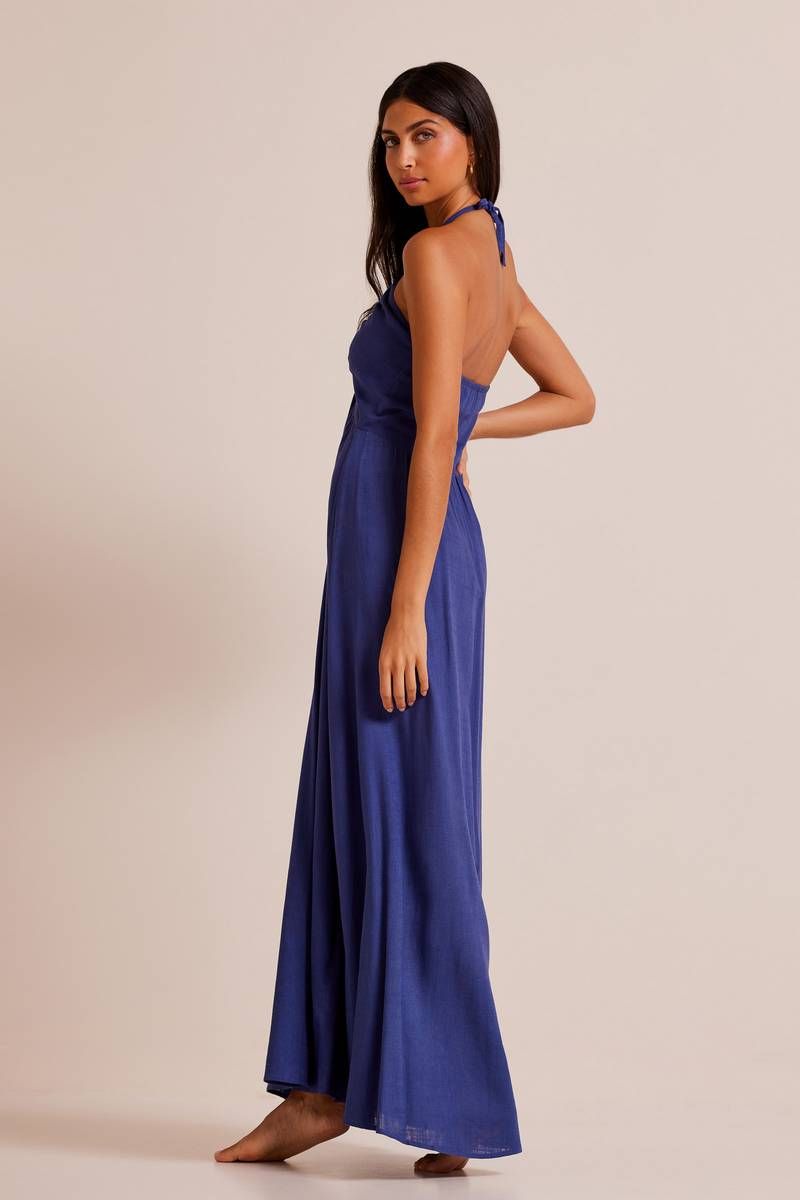 Εξώπλατο λινό μακρύ μπλε φόρεμα LOGAN