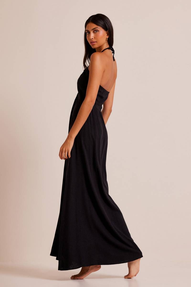 Εξώπλατο λινό μακρύ μαύρο φόρεμα LOGAN