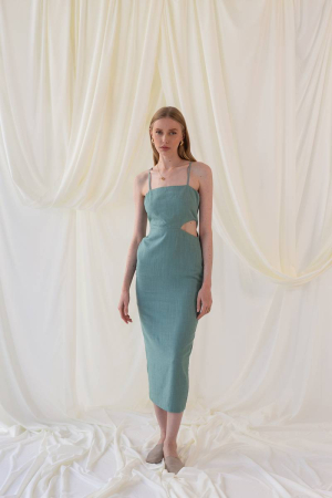 Λινό μίντι πράσινο φόρεμα με cut-out WIMBLEND